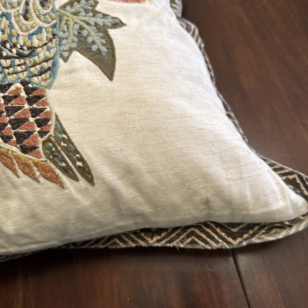 Pottery Barn Throw Pillow Owl Bird Embroidered Appliqué‎ Feather Insert Cover